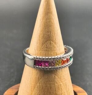 925 Silver Rainbow Princess Cut Channel Ring Size 7.75 Pride